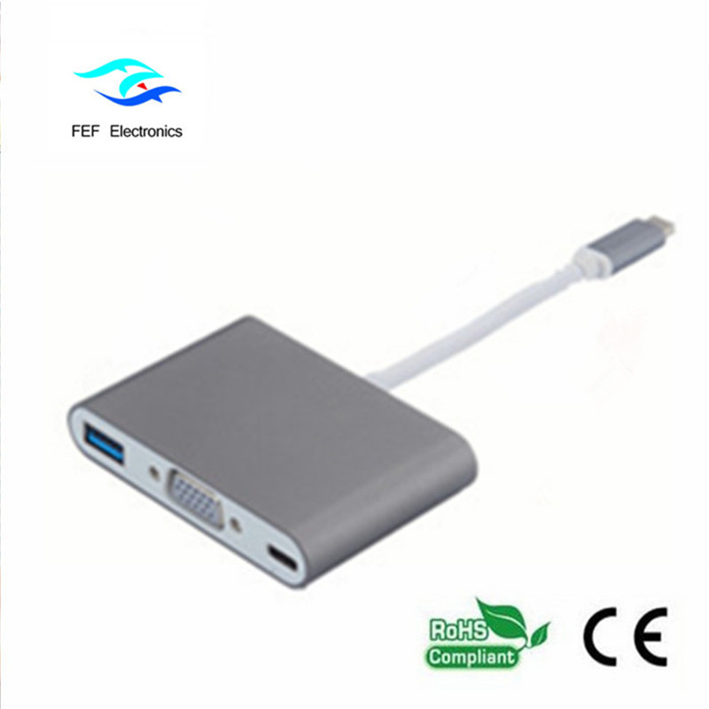 USB TYPE-C  -  USB3.0メス+ VGAメス+ PD 1つのコンバーターにABSシェルコード3：FEF  -  USBIC-007