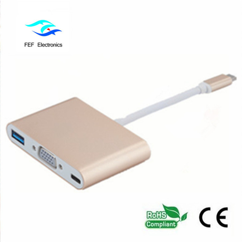 USB TYPE-C  -  USB3.0メス+ VGAメス+ PD 1つのコンバーターにABSシェルコード3：FEF  -  USBIC-007