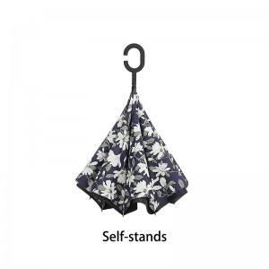 フラワープリントデザインのリバースパラソル付き防風雨傘