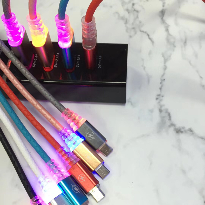 LED付き急速充電マイクロUSB用ラウンドUSBケーブル、タイプC、iPhone雷充電および同期
