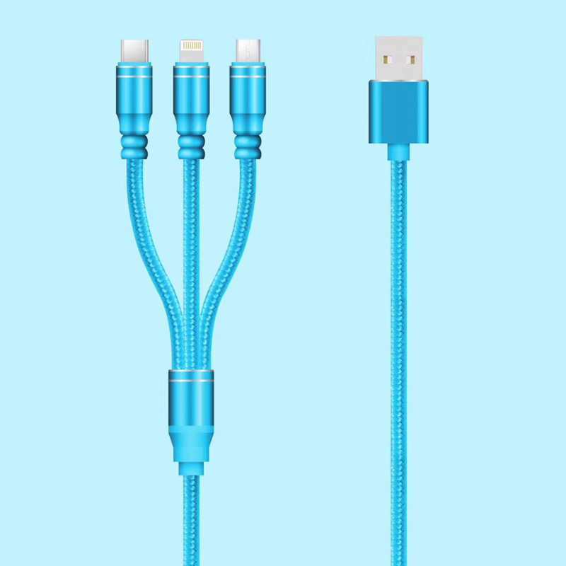 3 IN 1編組ケーブル充電円形アルミハウジングUSB 2.0マイクロから雷タイプCマイクロUSBデータケーブル