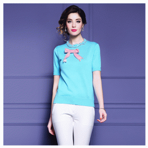 カスタマイズされたOEM蝶結び目ラインストーンは夏の女性のプルオーバーニットセーターを縫いました