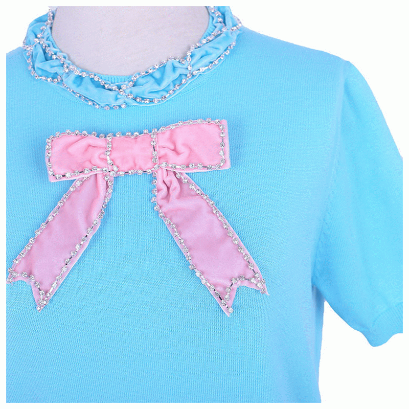 カスタマイズされたOEM蝶結び目ラインストーンは夏の女性のプルオーバーニットセーターを縫いました