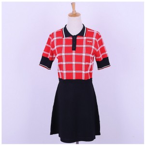カスタムデザイン半袖ポロ襟コントラスト色チェック柄オフィスレディースニットセータードレス
