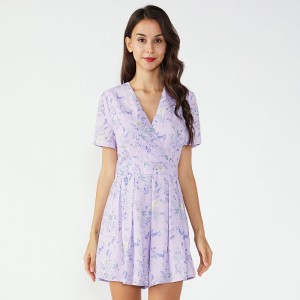 新しいスタイルのカスタムシフォンワンシープリントジャンプスーツの女性