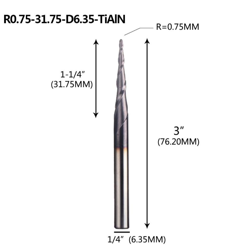 CNCマシン彫刻彫刻ビット用テーパーボールノーズエンドミル1/45 x 3インチ、0.75mmボールノーズ4.36 Deg