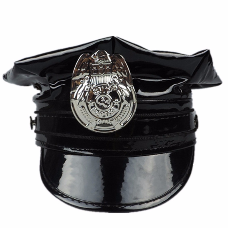 タカ帽子バッジPVC PUレザーキャップ黒八角形革警察キャップ革軍事キャップロールプレイ制服キャップ帽子