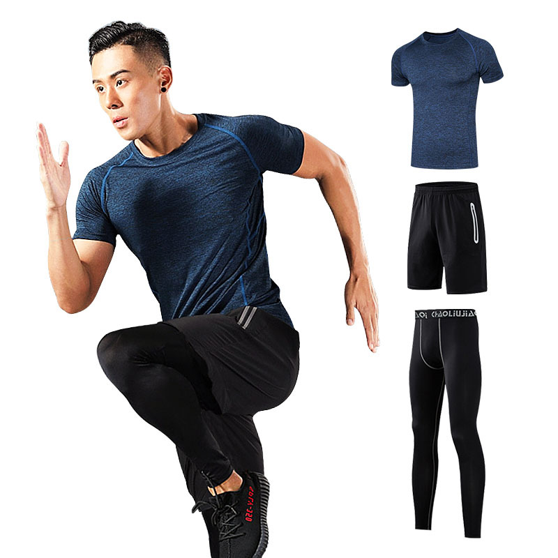 FDMM003-3メンズフィットネススーツ、Tシャツ+ルーズショーツ+ランニング用タイトパンツ