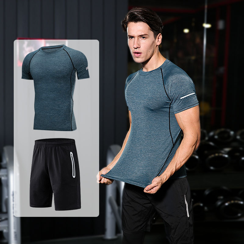 FDMM003-3メンズフィットネススーツ、Tシャツ+ルーズショーツ+ランニング用タイトパンツ
