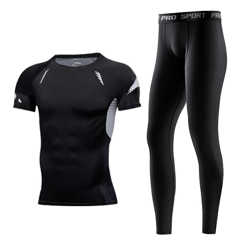 FDMM005-メンズスポーツランニングセットコンプレッションシャツ+パンツ