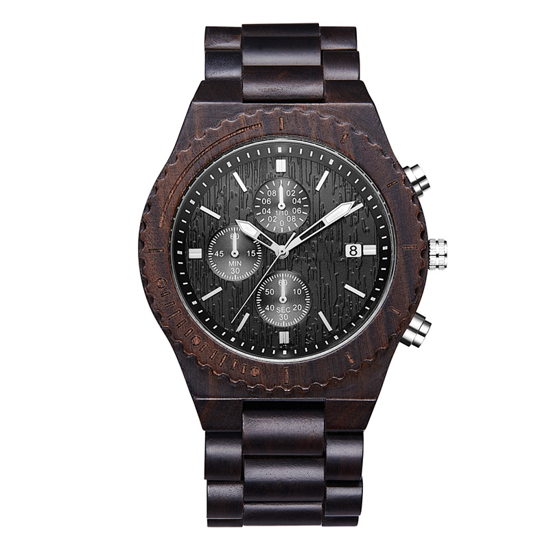 木製時計メンズクロノグラフブラック多機能環境に優しい天然木時計