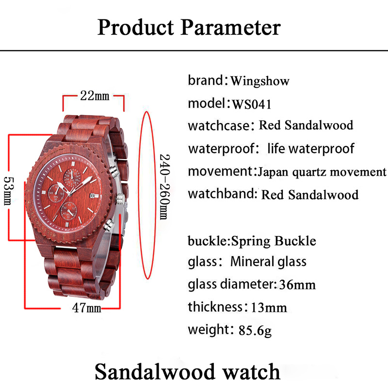 日付表示ファッションクォーツ時計と赤いサンダルウッド防水時計