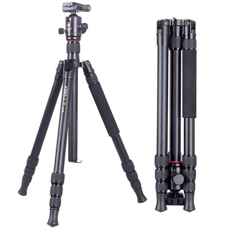 Kingjoy Travel三脚キット、フルイドパンドラッグヘッド付きアルミニウムビデオカメラ三脚、センターコラム、調整可能な脚角度、Canon Nikon DSLRビデオ撮影に対応