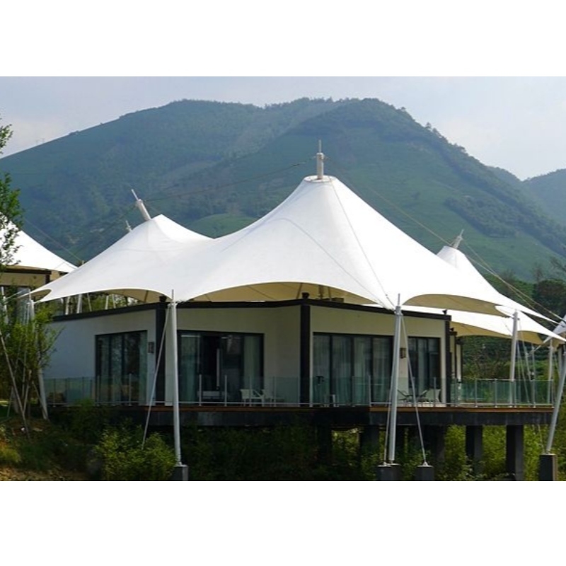 プレハブ屋外住宅格安グランピングテントメーカーPVDfファブリック鋼構造高級テントホテル