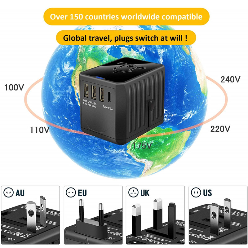 RRTRAVEL International Travel Adapter Universal Power Adapter Worldwide Worldwide All in One 4 USB with Electrical Plug Perfect for European US、EU、UK、AU 160ヶ国