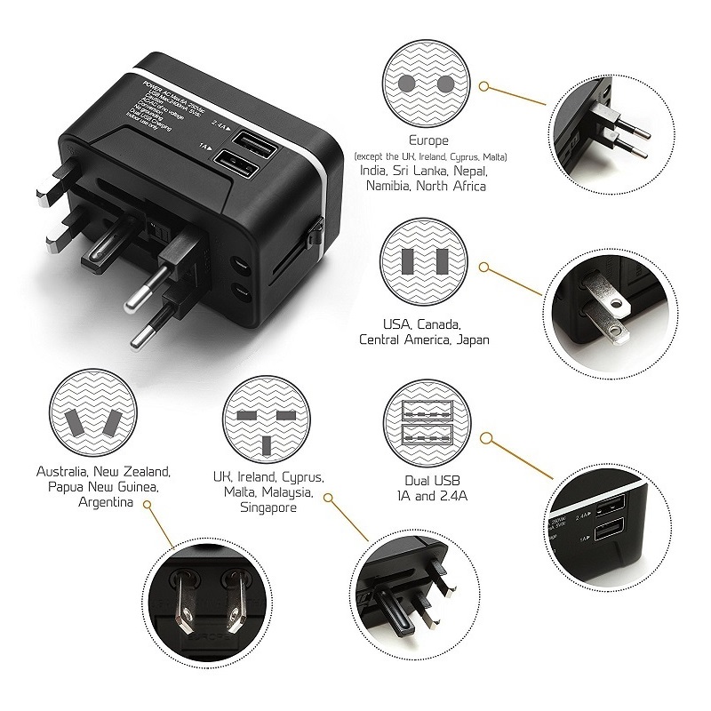 RRTRAVELトラベルアダプター、2つのUSBポートを備えたユニバーサル国際電​​源アダプター、ヨーロッパのプラグアダプター、150カ国以上の携帯電話ラップトップに最適