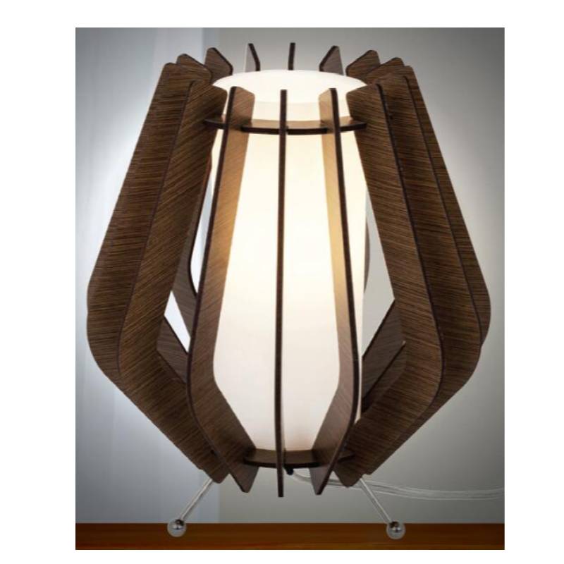 ダークブラウンの木製テーブルランプ、ガラスシェード