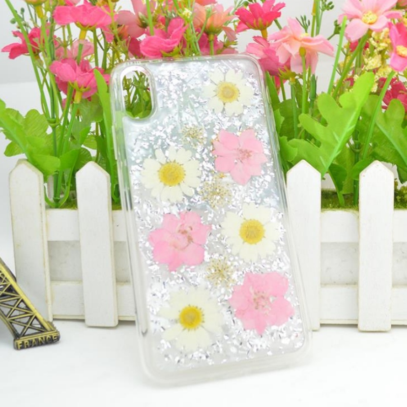 金箔ドロップ接着剤を使用したメーカーの直接iPhone真の花ドライフラワーエンボスTPUアップル透明飛散防止ケース