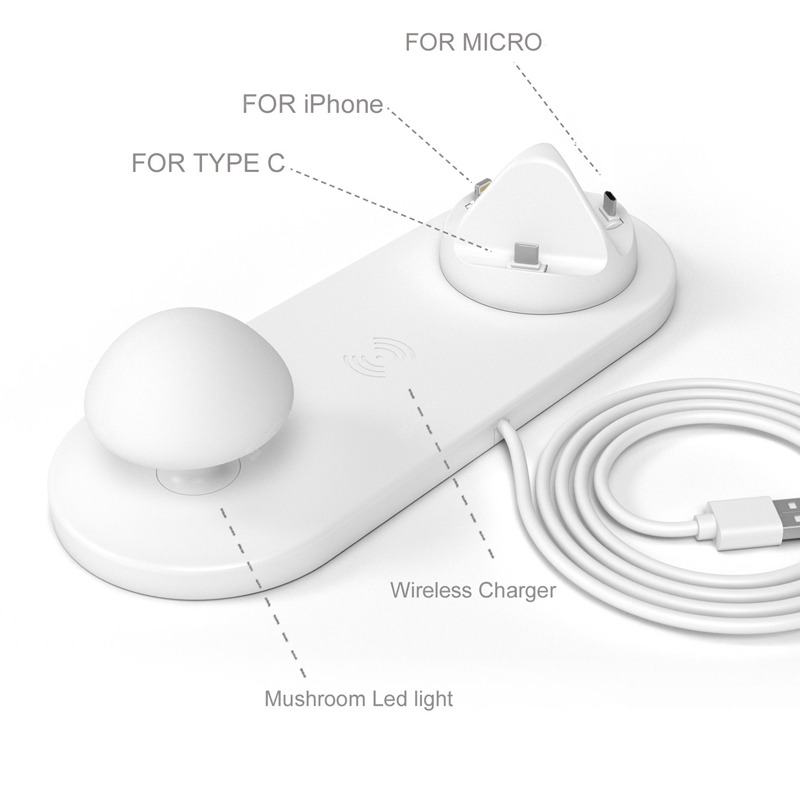 3 in 1ワイヤレス充電ベースキノコ形状タップランプUsbマルチポート充電器キノコナイトランプ-ホワイト