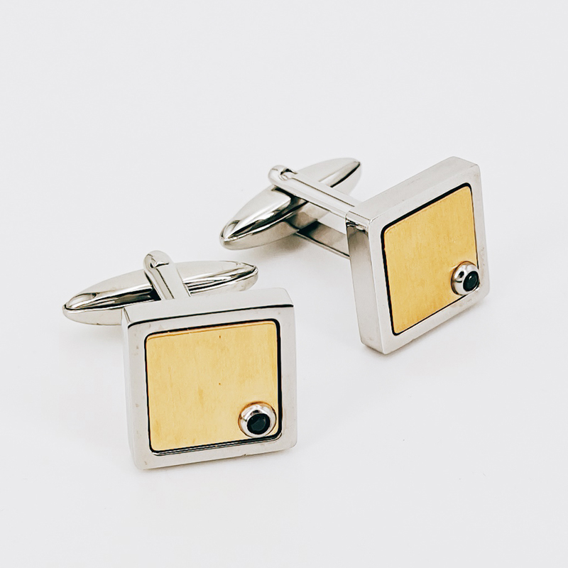 メンズツートンゴールドメッキステンレススチールカフリンクスブラックCZストーン