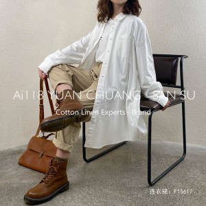 ルーズフィッティングデザインミニマルスタイリッシュカジュアルソリッドカラープリントカラーコットンとリネン特大カスタム15617シャツドレス