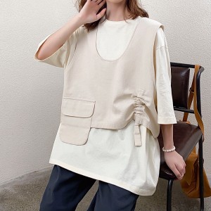 ゆったりとしたデザインミニマリストラウンドカラースタイルステッチスリーブスタイルカジュアル無地のコットンとリネン特大のカスタム19527Tシャツ+チョッキ