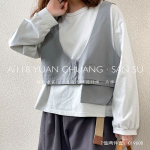 ゆったりしたデザイン・ミニマリスト丸襟スタイルステッチされたスリーブ・スタイルのカジュアルなソリッド・コットンとリネン特大の習慣