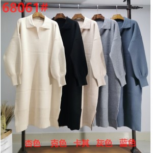 ファッショントレンドシンプルなカジュアルジョーカーベーシックニットラペルドレス68061#