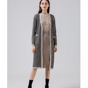 ファッショナブルなカジュアルジョーカーQianbirdcheckウールニットロングカーディガンコート69069#