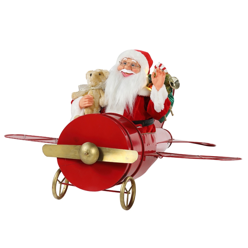 80cmのクリスマス音楽アニメーションサンタクロース座って赤い飛行機の装飾置物の古典的な休日の飾りギフトコレクション