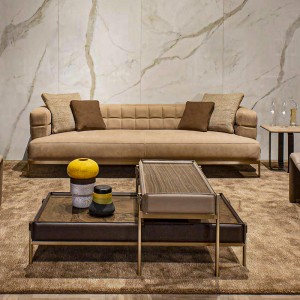 イタリアのミニマリストの組み合わせネスティングデザインのステンレス鋼の脚の長方形天然木のエンドテーブルレザーのコーヒーテーブルセット