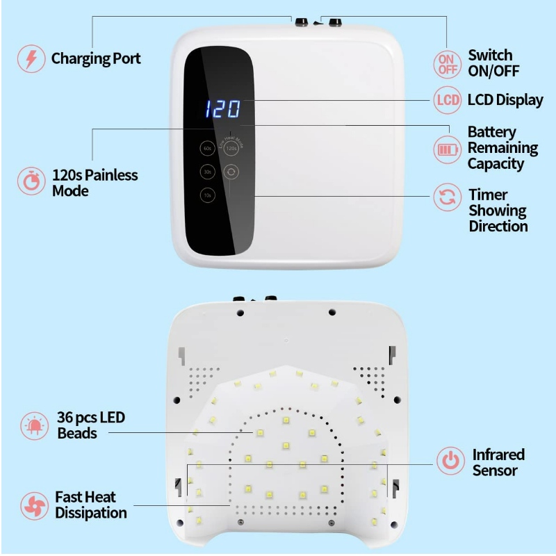 M&r 602ProコードレスLEDネイルランプ、ワイヤレスネイルドライヤー、72W充電式LEDネイルライト、4つのタイマー設定センサーとLCDディスプレイを備えたポータブルジェルUV LEDネイルランプ、ジェルポリッシュ用のプロのLEDネイルランプ