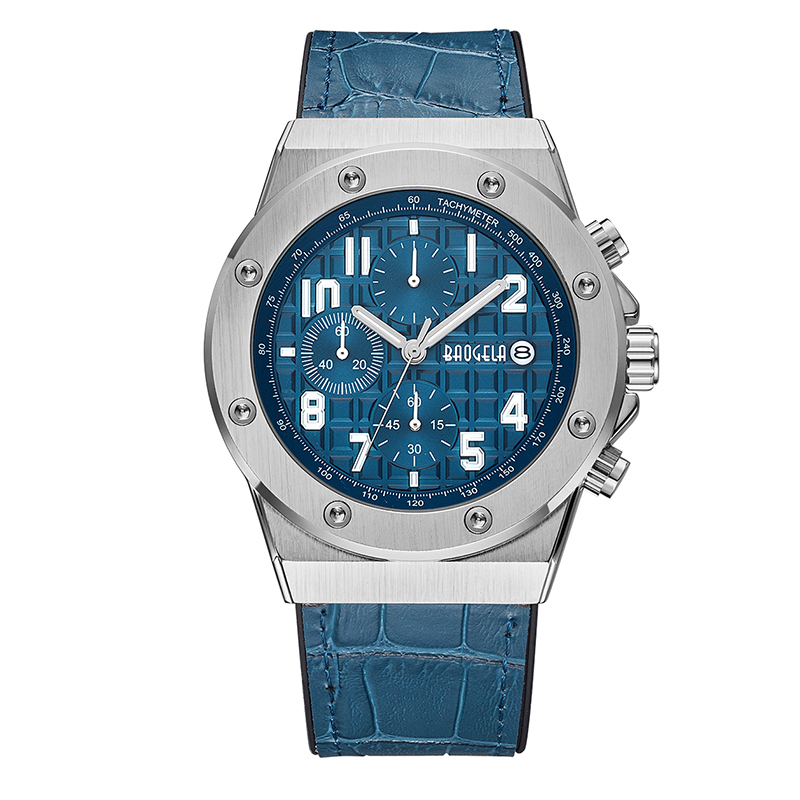 Baogela Men \\ 's Chronograph Quartz Watches 2022新しい防水スポーツカジュアルリストウォッチマンレザーストラップ時計1805ブルー