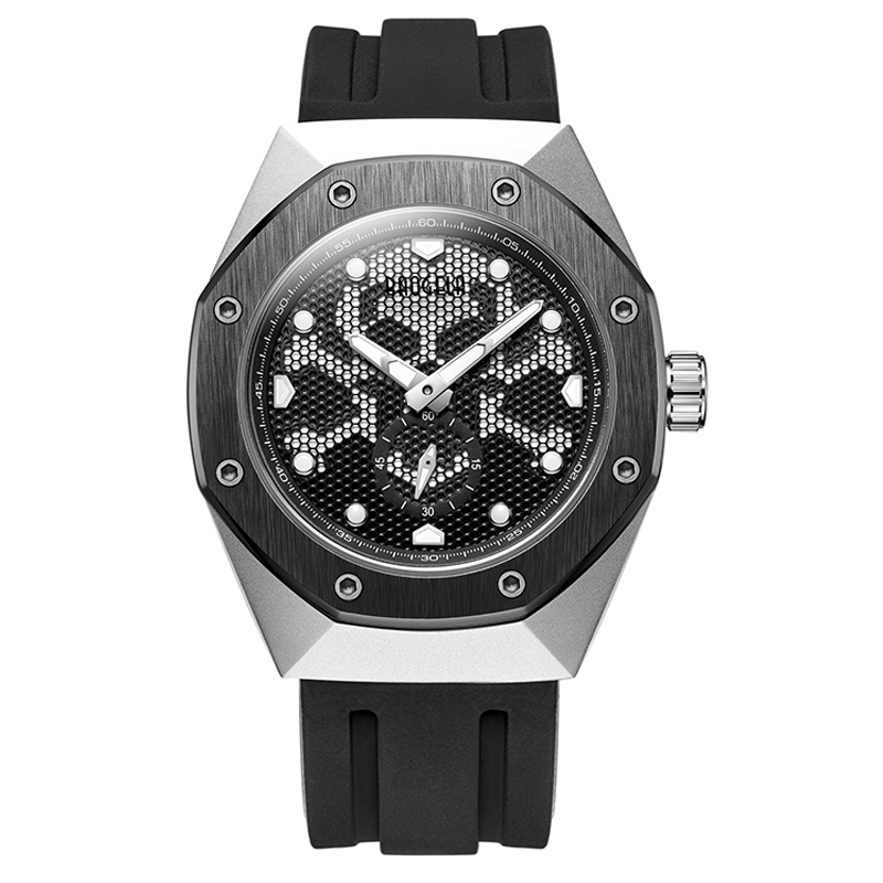 Baogela Skeleton Quartz Watches Men Sports Arimy Military Wristwatch Luminous Waterfof Silicone Band Man1901 Black White