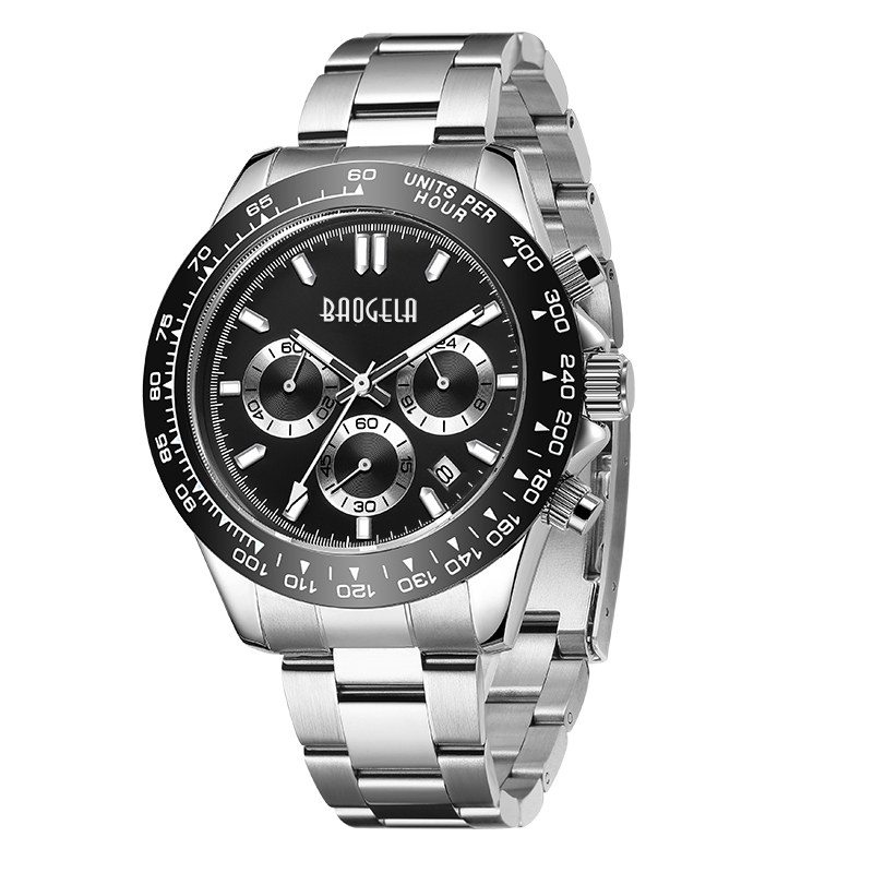 Baogela Mens Watch Top Brand Luxury Sportz Quartz Watchesステンレス鋼ストラップ防水クロノグラフ腕時計2210ブラックホワイト