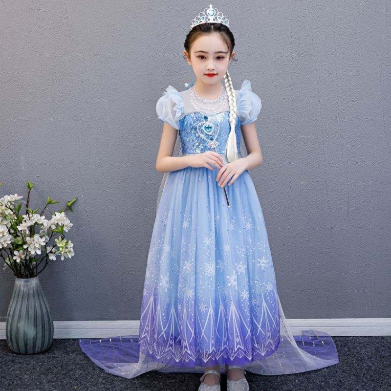 Baige 2021 New Blue Elsa Anna Girl Party Dress Cosplay Dresses up Princess with Handmade NecklaceとLong Cape