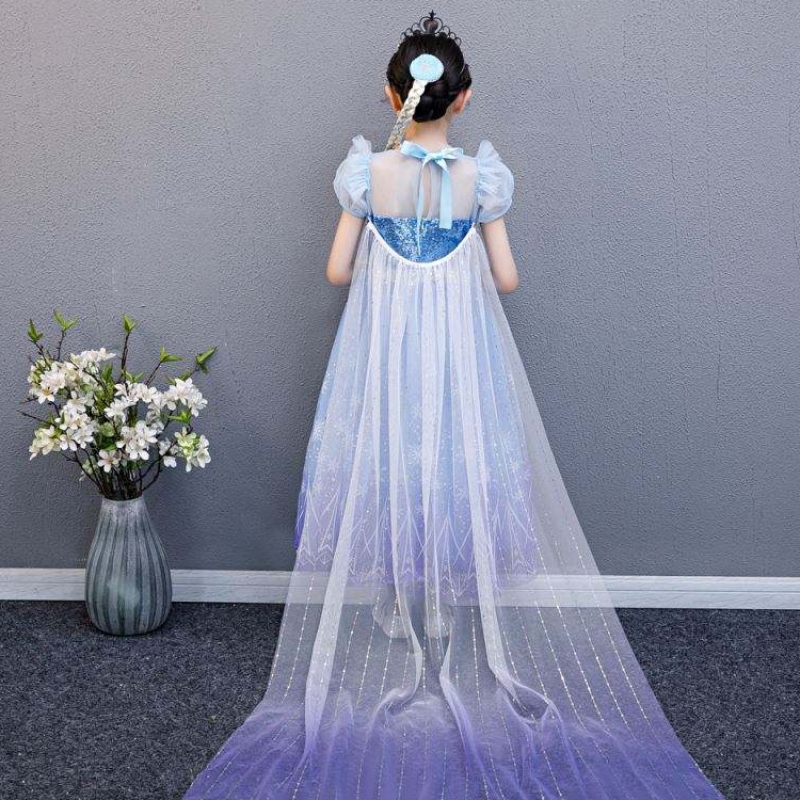 Baige 2021 New Blue Elsa Anna Girl Party Dress Cosplay Dresses up Princess with Handmade NecklaceとLong Cape