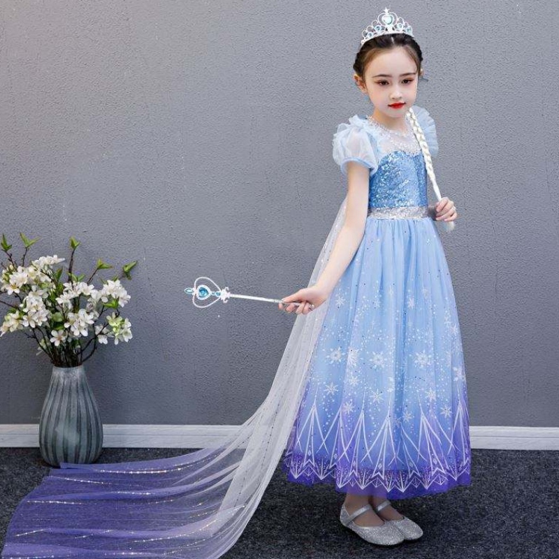 Baige 2021 New Blue Elsa Anna Girl Party Dress Cosplay Dresses up Princess with Handmade NecklaceとLong Cape