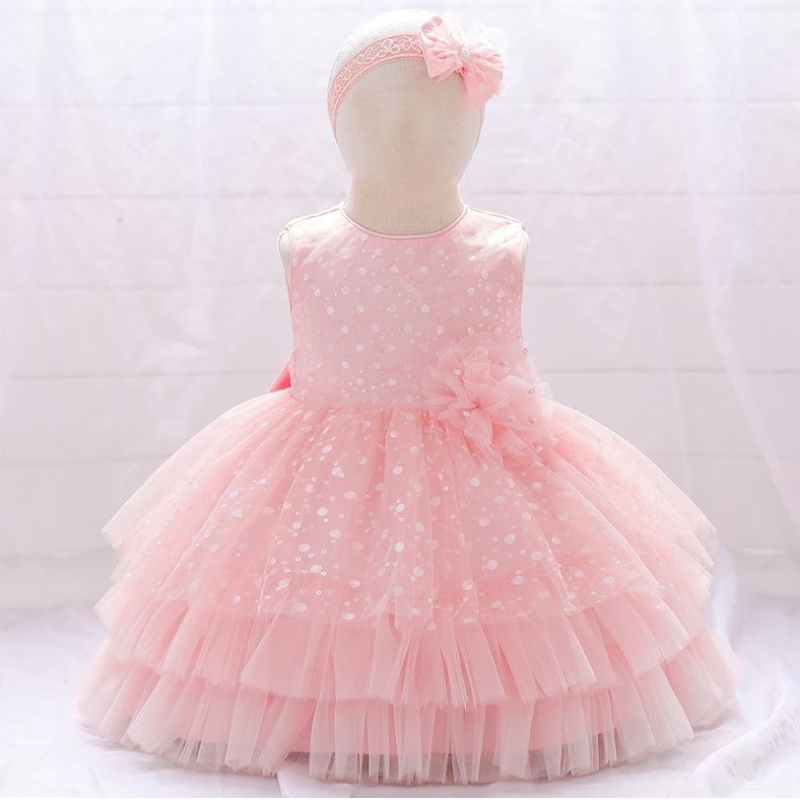 Baige Amazon Hot Sale Flower Girl Party Dress Infant Kids Birthday Full Month Dress with Headband
