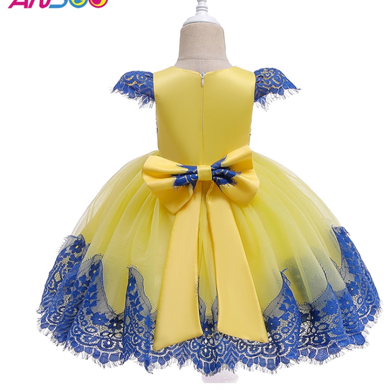 Ansoobaby Girls Puff Sleeve Retro Party Yellow Dress Children Princess Bow Summer Tutu Pink Dresses for Girls Kids