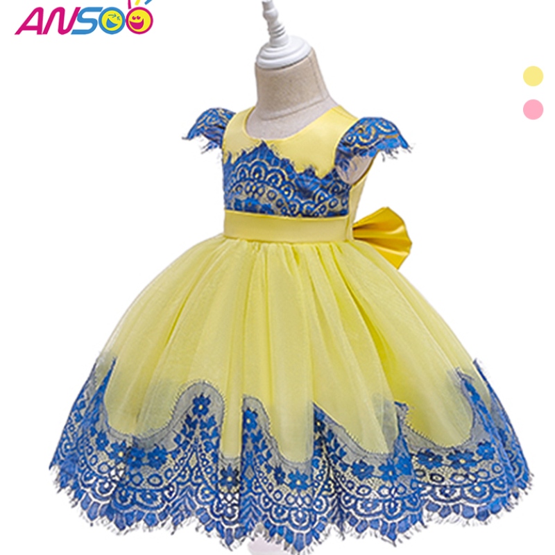 Ansoobaby Girls Puff Sleeve Retro Party Yellow Dress Children Princess Bow Summer Tutu Pink Dresses for Girls Kids