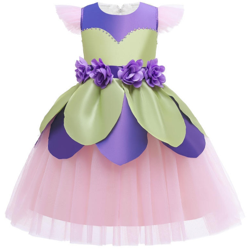 フラワーフェアリードレスガールキッズパープルピンクパッチワークチュール服かわいい飛ぶ袖の子供ステージパフォーマンスコスチューム
