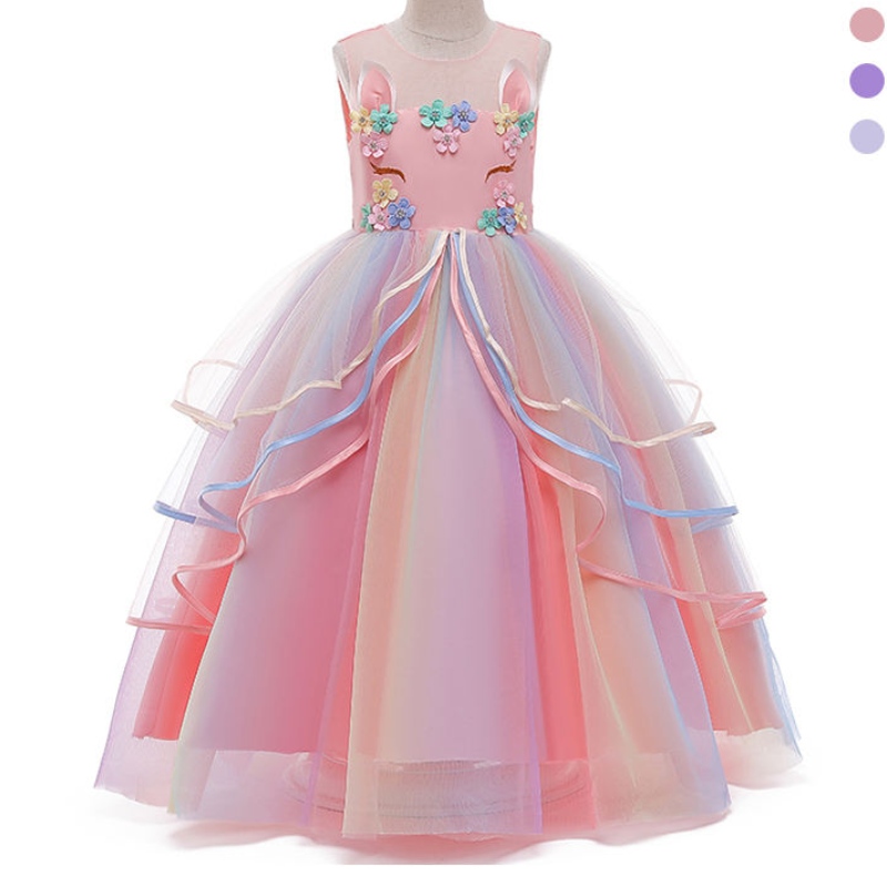 Ansoo Private Custom French Style Luxury Children Long Unicorn Tulle Princess Wedding Party Unicorn Dress for Girls