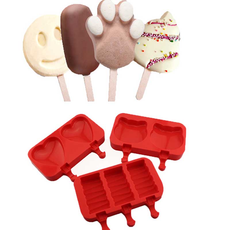 アイスクリーム金型キッチンガジェットDIYフードグレードシリコンキッズアイスクリームトレイホルダークリーニングが簡単な2or3キャビティカートン形状