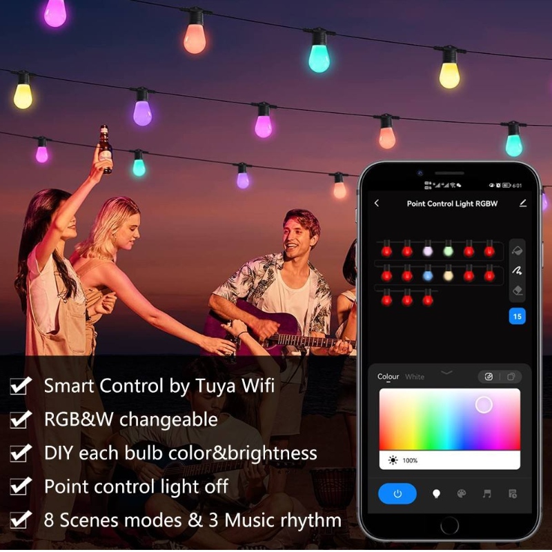 スマートカラーストリングライト、48フィートのスマートパティオライトRGBW LED文字列ライト、App&Wifiコントロール、Alexa、色の変更文字