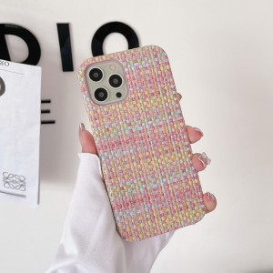 Apple iPhone14Proスモールフレグランス電話ケース、高品質の布パターンを備えた手作りの革の保護ケース