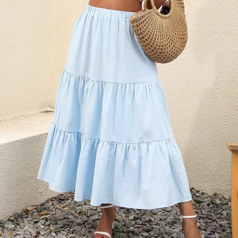 女性の夏の自由hoho弾性ウエストプリーツA-Line Flowy Swing Tiered Long Beach Skirt Dress with Pocketsskirt