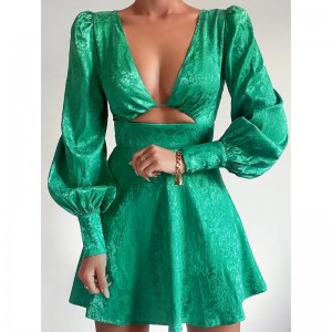 Vネック透かしジャカードワンピースパフスリーブスカート春レトロなA字ワンピース