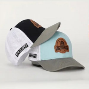 OEMカスタム高品質のレザーパッチロゴメッシュスナップバックゴラスキャップ、APLIQUE COTTON112 PRE CURVED TRUCKER HATS