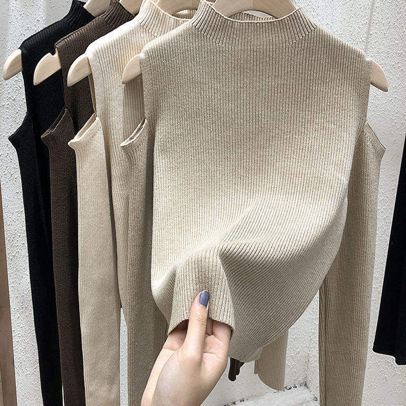 2023新しいファッション女性冬のセーター韓国のソリッドカラーオフショルダーロングスリーブトップベースシャツセーター